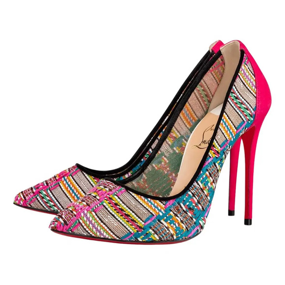 Christian Louboutin Follies Lace 100 Pink Black Hippie Suede Mesh Heel Pump 35.5 - Picture 1 of 12